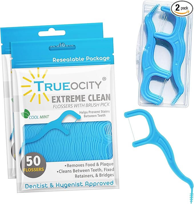 Trueocity Dental Flossers Brush Picks, Dental Floss Glides Easy Between Teeth, Flosser Helps Prevent Tooth Decay & Gum Disease, Easy Grip Handle, Mint Flavored