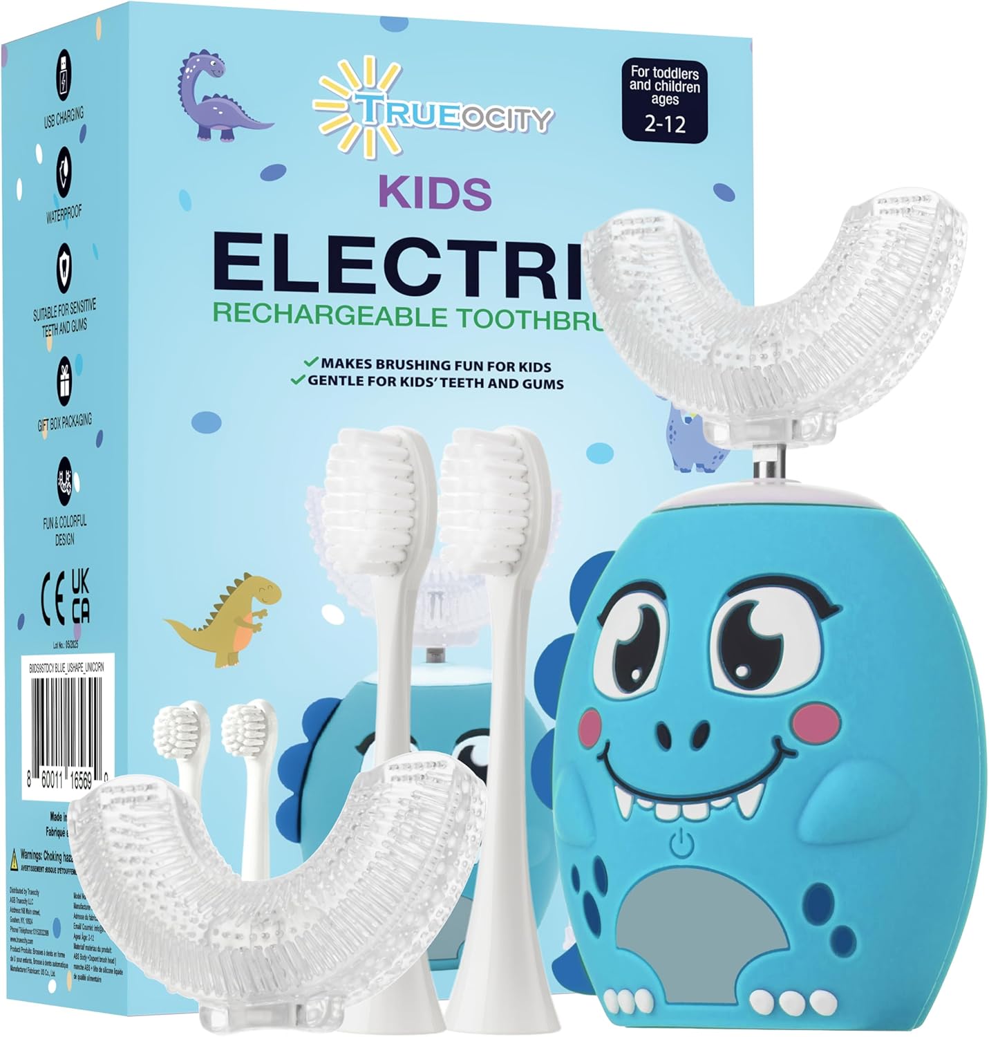 Trueocity Kids U Shape Toothbrush Auto Electric Toddler Rechargeable Kids Automatic Toothbrush | 360° U-Shaped Silicone Brush Head | Gentle Cleaning for Ages 2–7| Dinosaur Design (Blue)