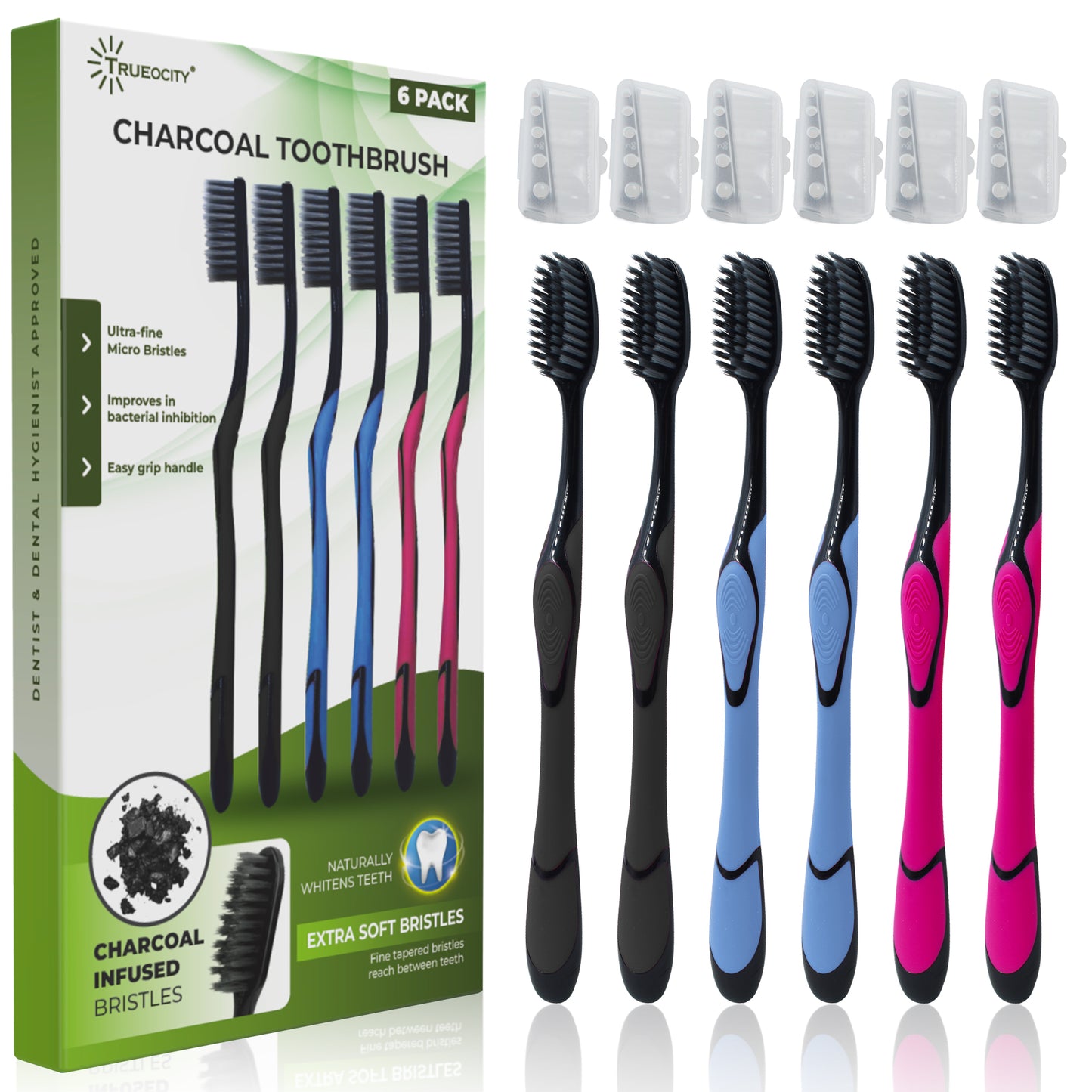 Charcoal Toothbrush, Natural Teeth Whitening Solution - 6 Pack