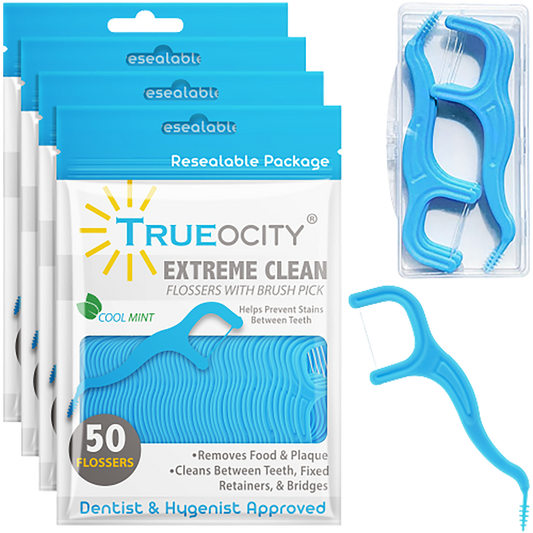Trueocity Dental Flossers Brush Picks, Dental Floss Glides Easy Between Teeth, Flosser Helps Prevent Tooth Decay & Gum Disease, Easy Grip Handle, Mint Flavored