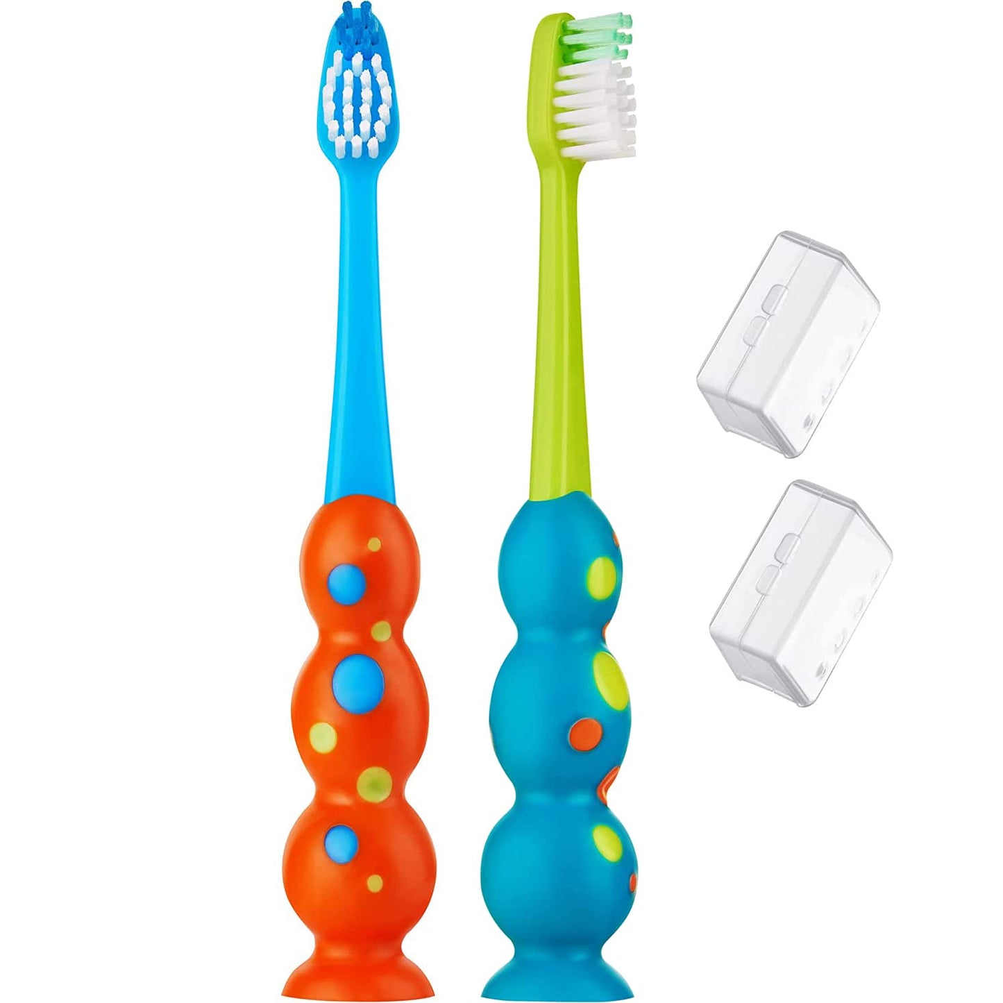 Trueocity Kids Toothbrush 2 Pack - Soft Contoured Bristles - Child Sized Brush Heads (3-10 Year Old) - Suction Cup for Fun & Easy Storage - Girl & Boy Set (2-Pack, Blue & Orange)