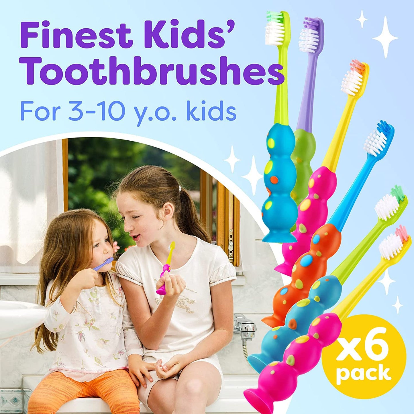 Trueocity Kids Toothbrush 2 Pack - Soft Contoured Bristles - Child Sized Brush Heads (3-10 Year Old) - Suction Cup for Fun & Easy Storage - Girl & Boy Set (2-Pack, Blue & Orange)