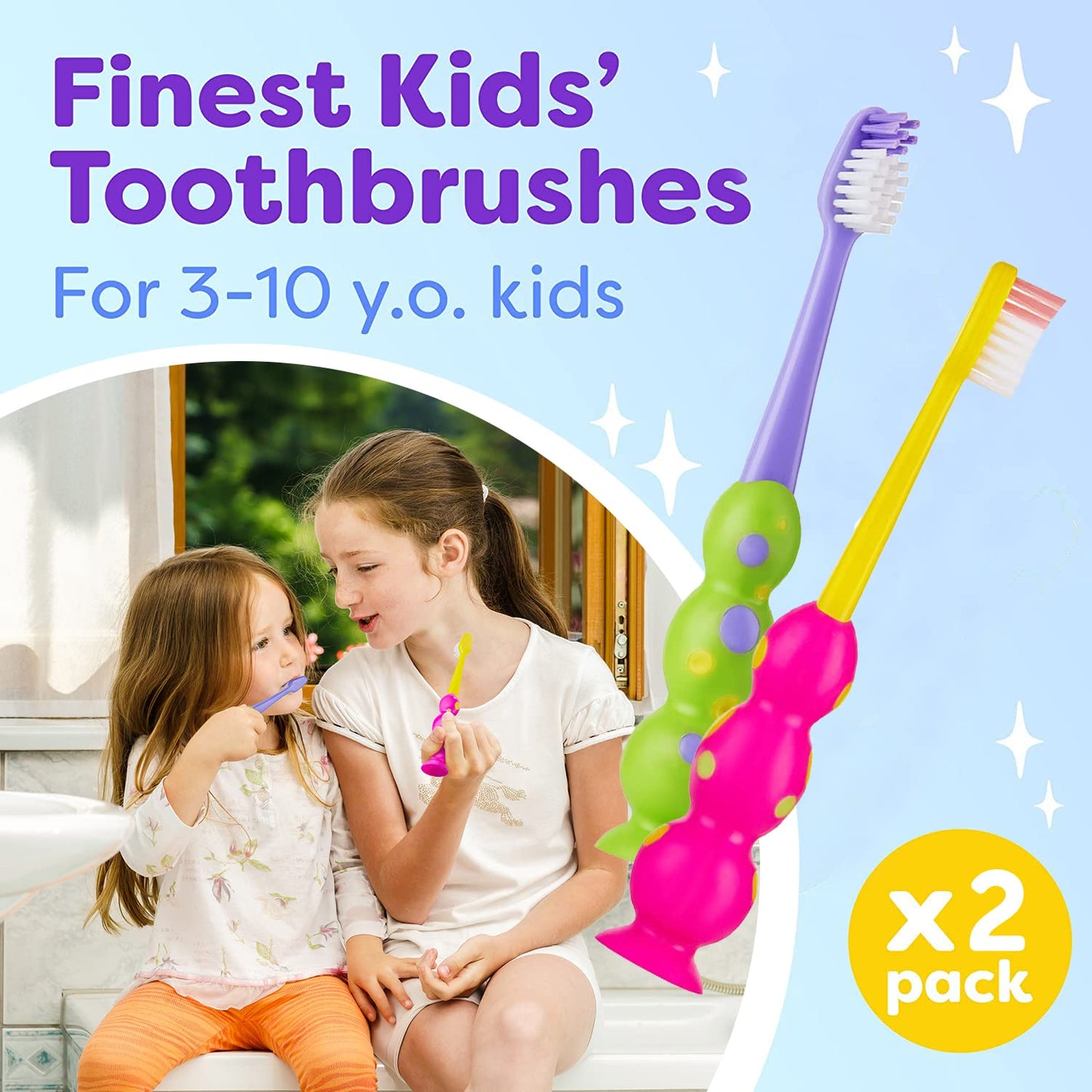Trueocity Kids Toothbrush - Soft Contoured Bristles - Child Sized Brush Heads (3-10 Year Old) - Suction Cup for Fun & Easy Storage - Girl & Boy Set