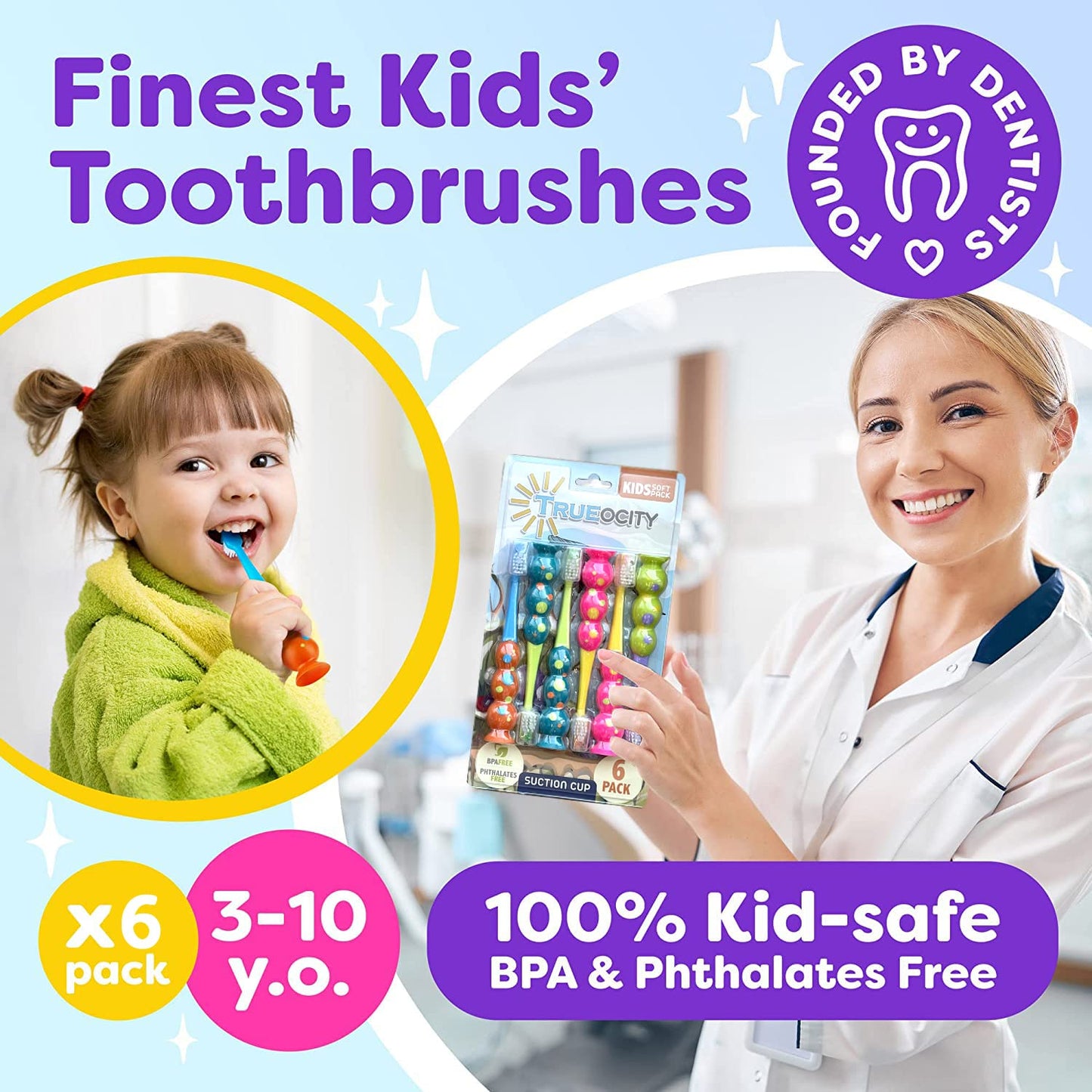Trueocity Kids Toothbrush - Soft Contoured Bristles - Child Sized Brush Heads (3-10 Year Old) - Suction Cup for Fun & Easy Storage - Girl & Boy Set