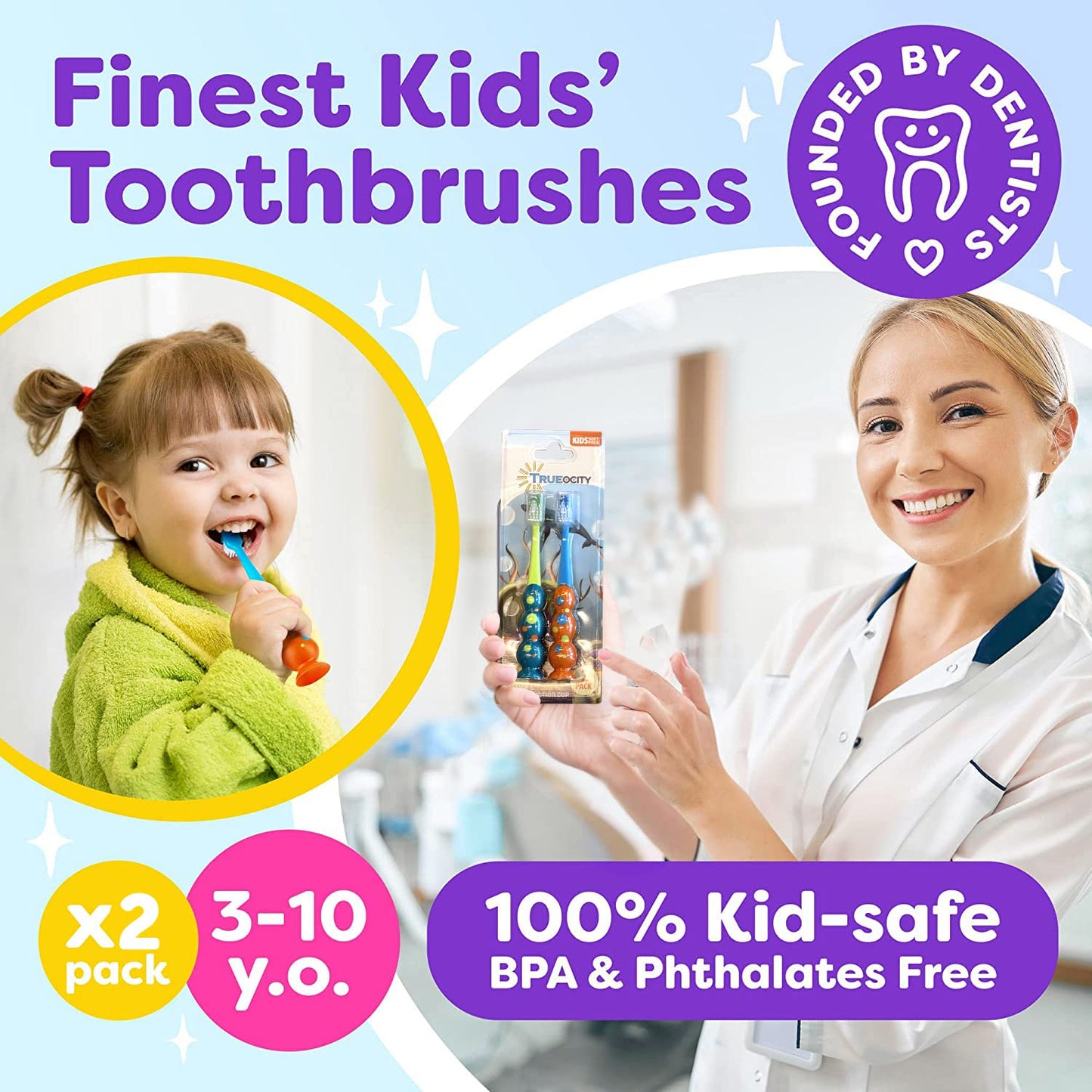Trueocity Kids Toothbrush - Soft Contoured Bristles - Child Sized Brush Heads (3-10 Year Old) - Suction Cup for Fun & Easy Storage - Girl & Boy Set