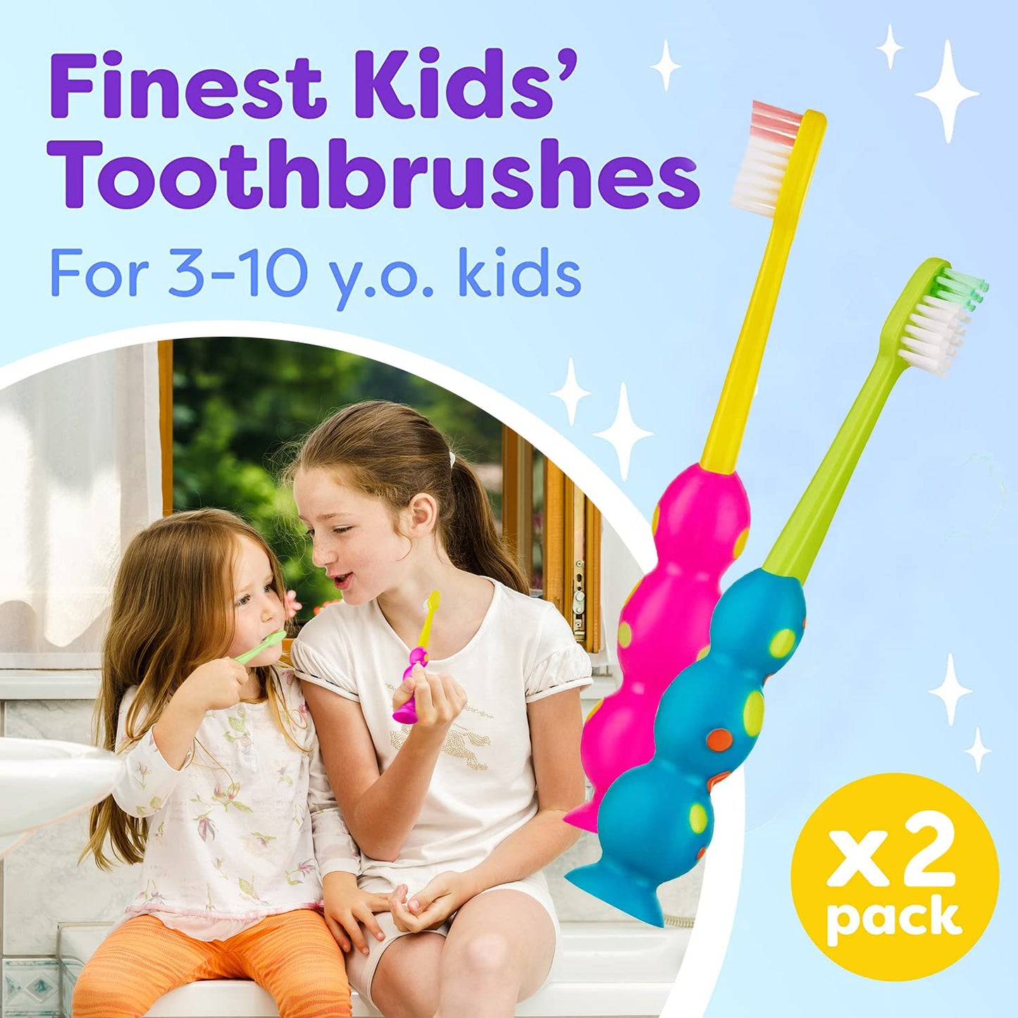 Trueocity Kids Toothbrush - Soft Contoured Bristles - Child Sized Brush Heads (3-10 Year Old) - Suction Cup for Fun & Easy Storage - Girl & Boy Set
