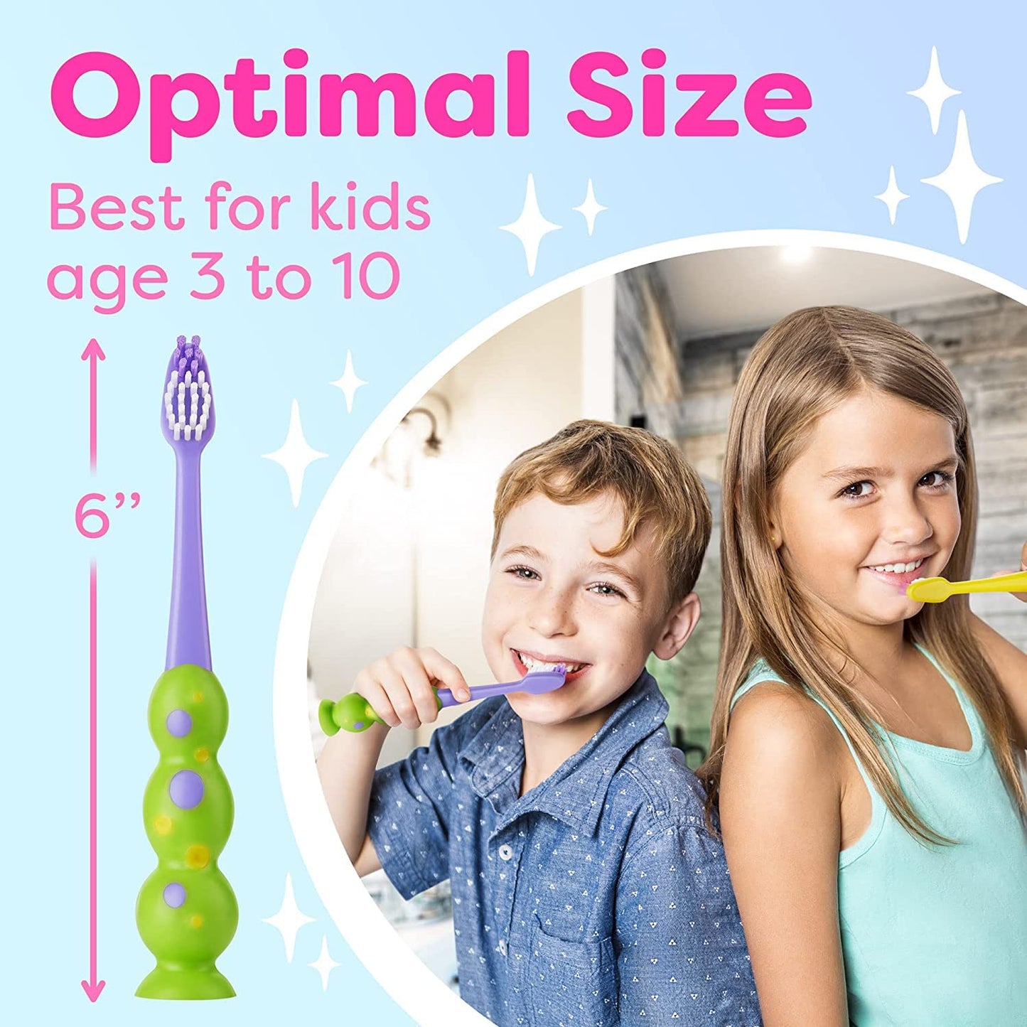Trueocity Kids Toothbrush - Soft Contoured Bristles - Child Sized Brush Heads (3-10 Year Old) - Suction Cup for Fun & Easy Storage - Girl & Boy Set