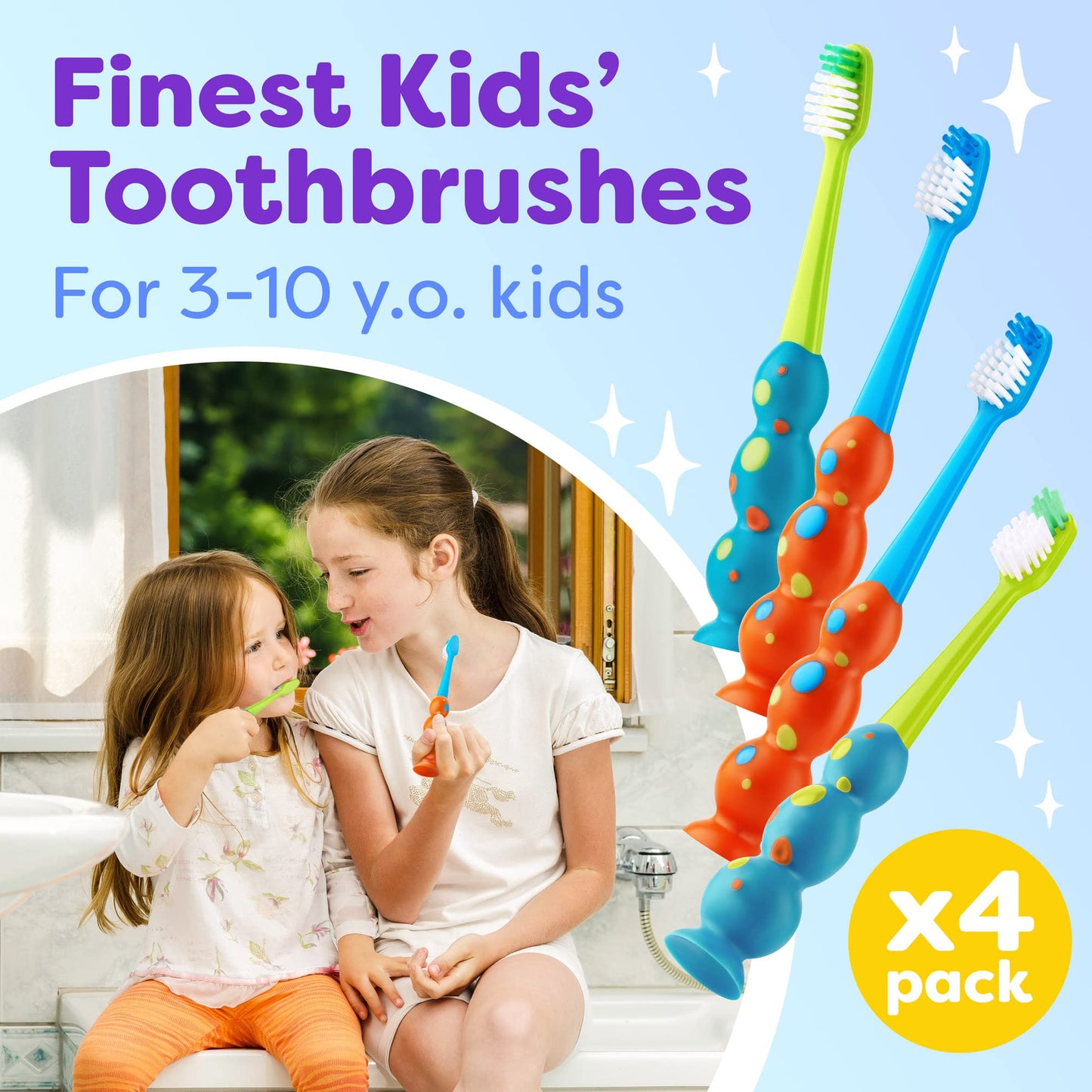Trueocity Kids Toothbrush - Soft Contoured Bristles - Child Sized Brush Heads (3-10 Year Old) - Suction Cup for Fun & Easy Storage - Girl & Boy Set
