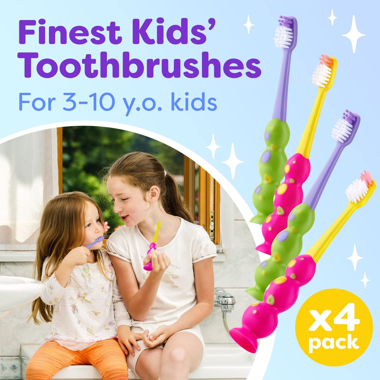 Trueocity Kids Toothbrush - Soft Contoured Bristles - Child Sized Brush Heads (3-10 Year Old) - Suction Cup for Fun & Easy Storage - Girl & Boy Set