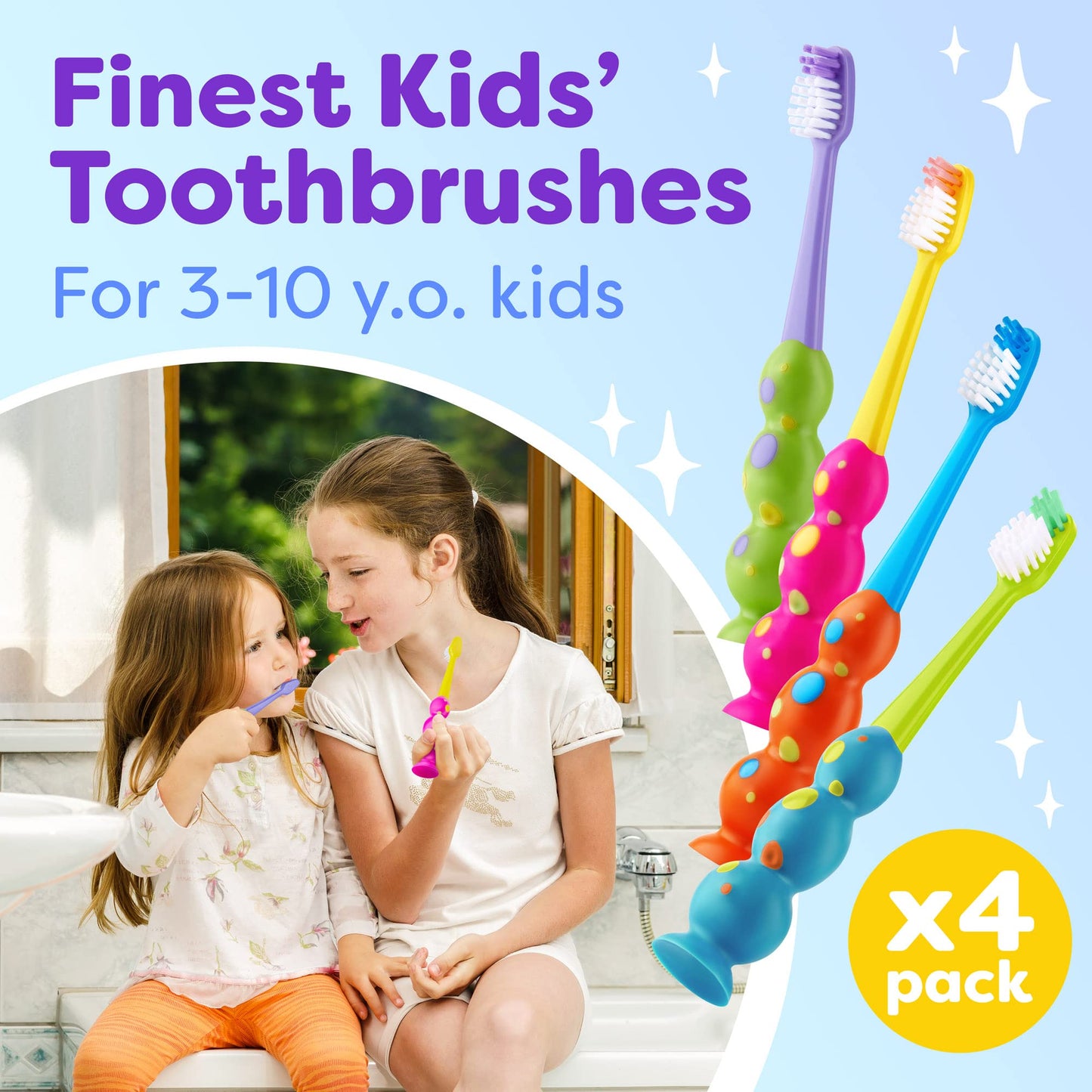 Trueocity Kids Toothbrush - Soft Contoured Bristles - Child Sized Brush Heads (3-10 Year Old) - Suction Cup for Fun & Easy Storage - Girl & Boy Set