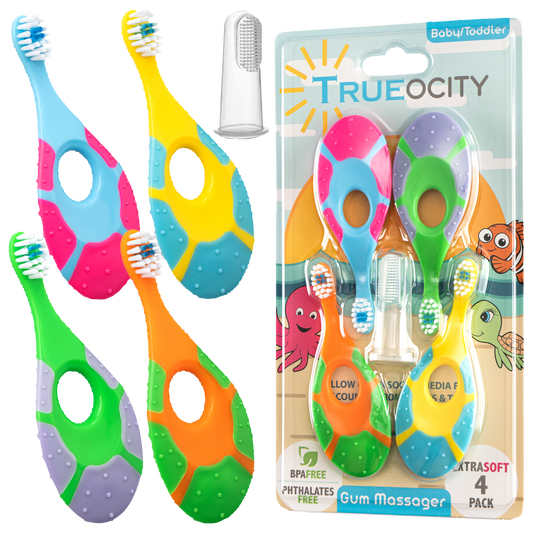 Baby Toothbrush 4 Pack, Toddler Toothbrush Age 1-2 & Bonus Silicone Finger Brush, Soft Bristles, Toddler Toothbrushes, Infant & Training w/ Teething Handle, 0-2 Years, Multi Color Set