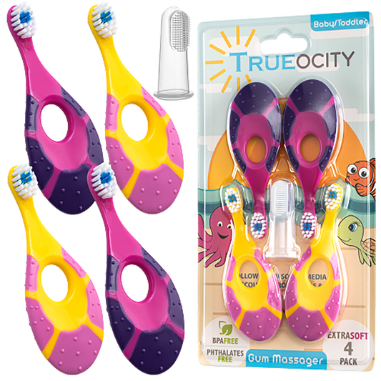 Trueocity Baby Toothbrush 4 Pack & Bonus Silicone Finger Brush, Soft Bristles, Toddler Toothbrushes, Infant & Training w/ Teething Handle, 0-2 Years, Pink Set
