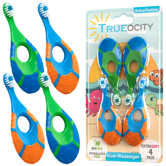 Trueocity Baby Toddler Toothbrush 4 Pack, Soft Bristles, Teething Finger Handle Toothbrushes for 0-2 Years - Training First Set (Blue, Green, Orange) - BPA Free