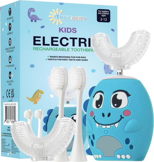 Trueocity Kids U Shape Toothbrush Auto Electric Toddler Rechargeable Kids Automatic Toothbrush | 360° U-Shaped Silicone Brush Head | Gentle Cleaning for Ages 2–7| Dinosaur Design (Blue)