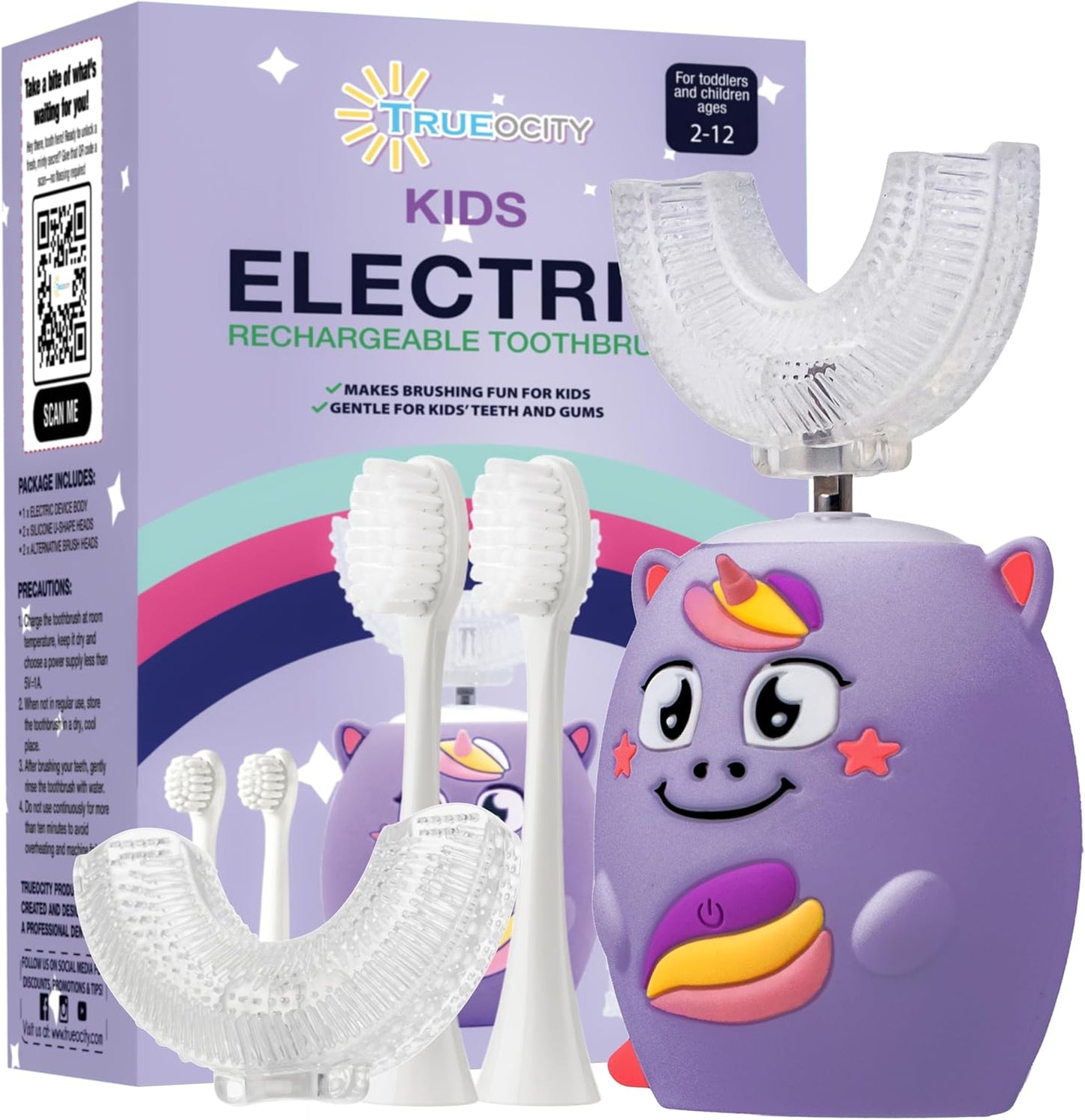 Trueocity Kids U Shape Toothbrush Auto Electric Toddler Rechargeable Kids Automatic Toothbrush | 360° U-Shaped Silicone Brush Head | Gentle Cleaning for Ages 2–7 | Unicorn Design (Purple)
