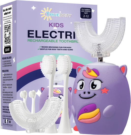 Trueocity Kids U Shape Toothbrush Auto Electric Toddler Rechargeable Kids Automatic Toothbrush | 360° U-Shaped Silicone Brush Head | Gentle Cleaning for Ages 2–7 | Unicorn Design (Purple)