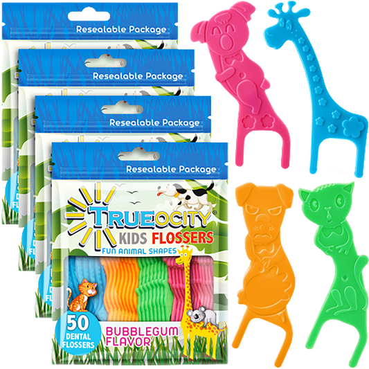Kids Flossers 4 Pack (200 Total), Cute Animal Shapes Makes Flossing Fun, Kids Floss Picks, Glides Easy Between Teeth, Flosser Helps Prevent Tooth Decay & Gum Disease, Bubble Gum Flavored