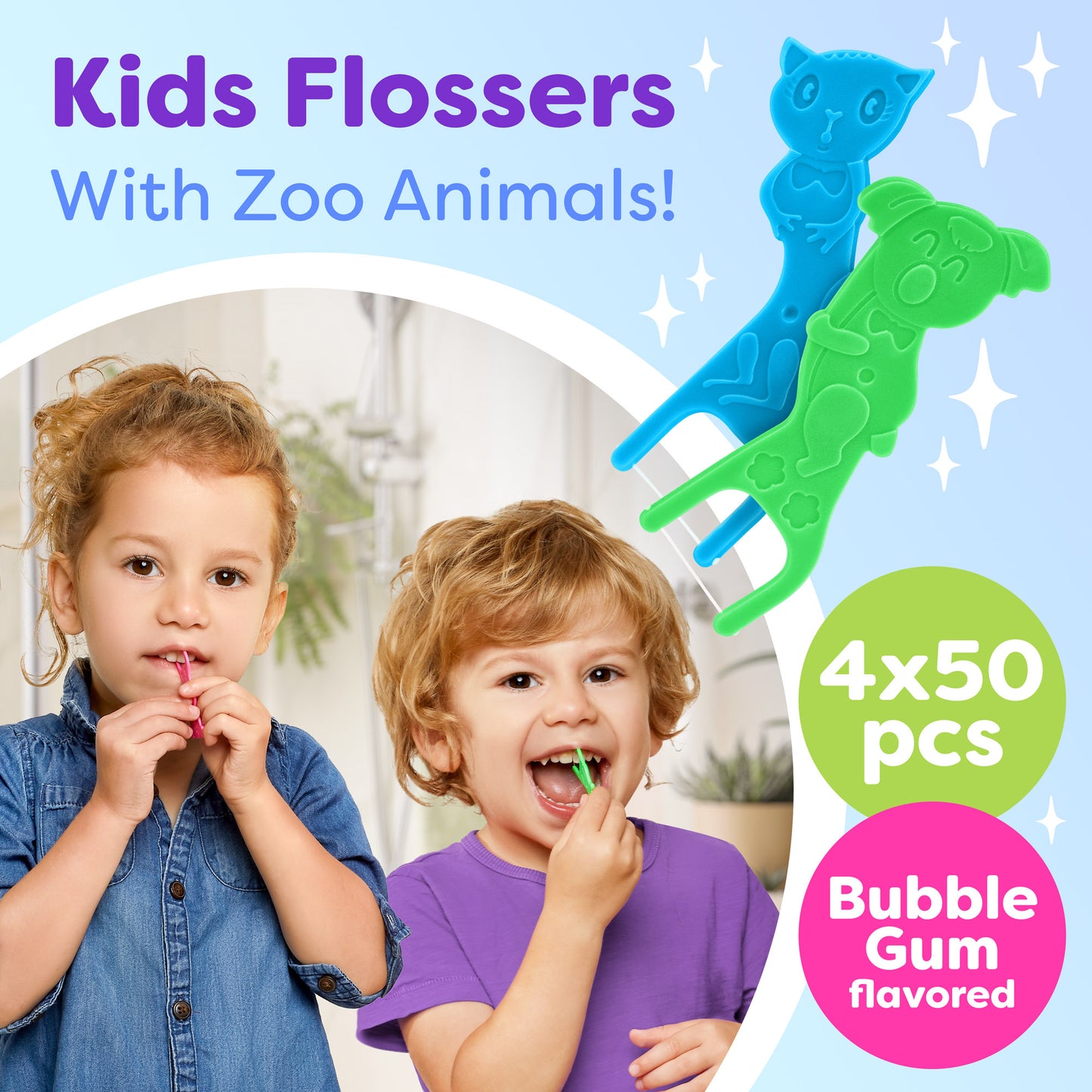 Kids Flossers 4 Pack (200 Total), Cute Animal Shapes Makes Flossing Fun, Kids Floss Picks, Glides Easy Between Teeth, Flosser Helps Prevent Tooth Decay & Gum Disease, Bubble Gum Flavored