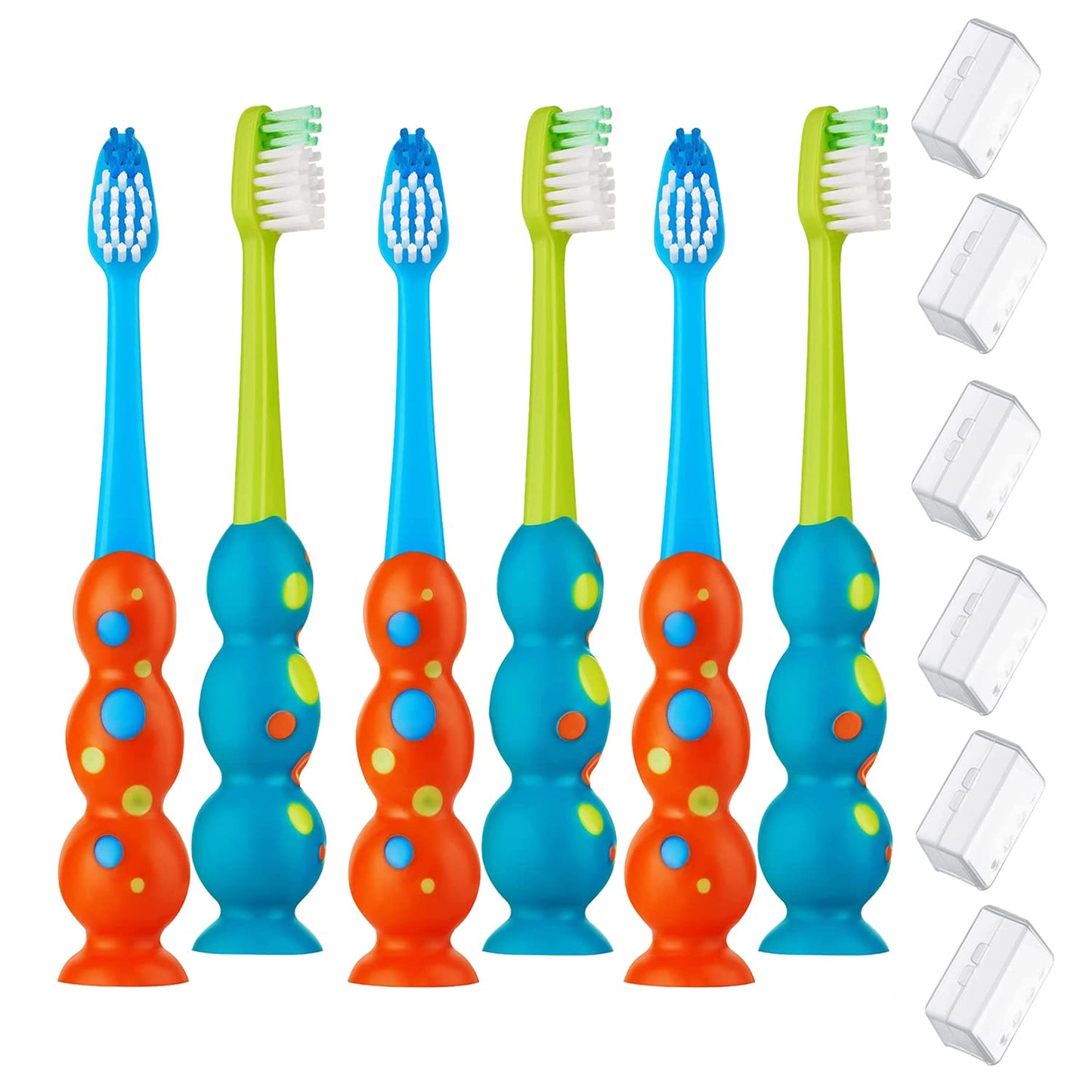 Trueocity Kids Toothbrush 2 Pack - Soft Contoured Bristles - Child Sized Brush Heads (3-10 Year Old) - Suction Cup for Fun & Easy Storage - Girl & Boy Set (2-Pack, Blue & Orange)