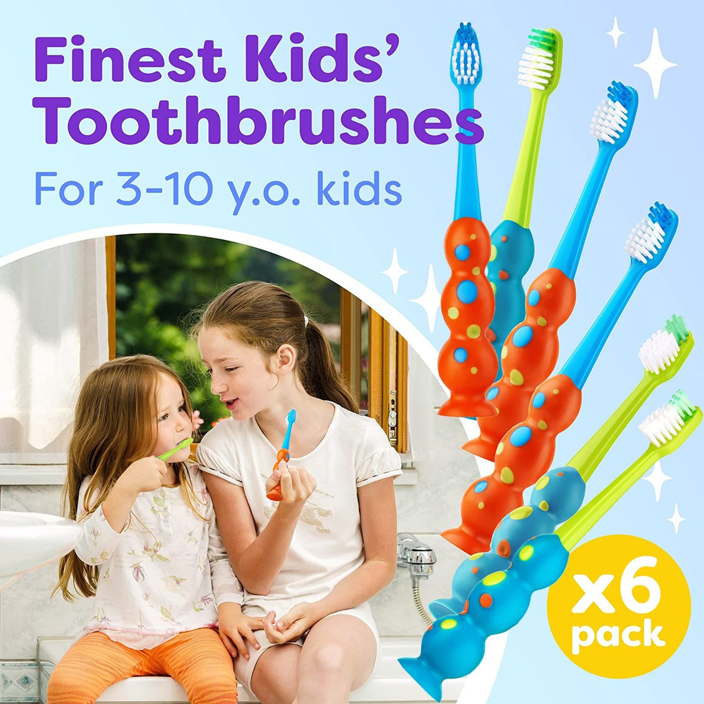 Trueocity Kids Toothbrush 2 Pack - Soft Contoured Bristles - Child Sized Brush Heads (3-10 Year Old) - Suction Cup for Fun & Easy Storage - Girl & Boy Set (2-Pack, Blue & Orange)