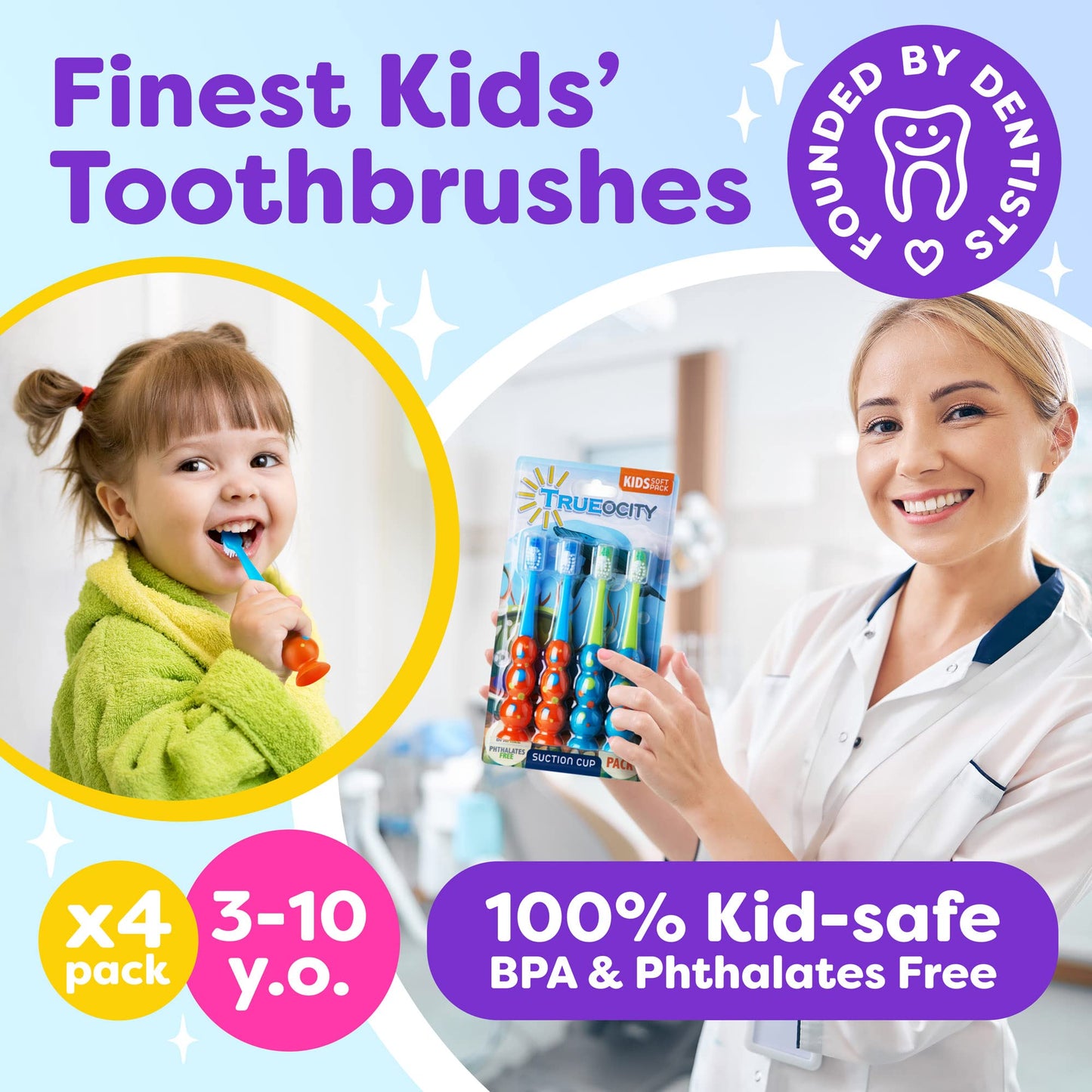 Trueocity Kids Toothbrush 2 Pack - Soft Contoured Bristles - Child Sized Brush Heads (3-10 Year Old) - Suction Cup for Fun & Easy Storage - Girl & Boy Set (2-Pack, Blue & Orange)