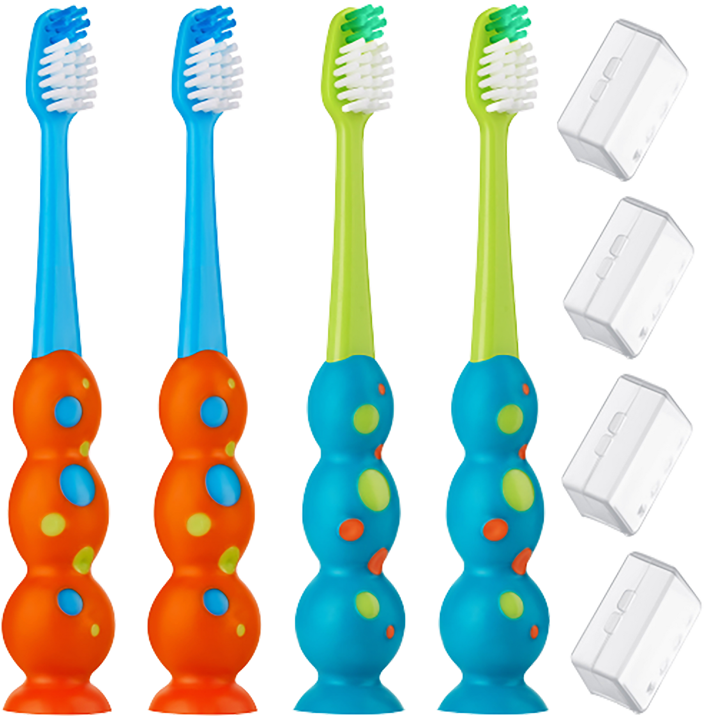 Trueocity Kids Toothbrush 2 Pack - Soft Contoured Bristles - Child Sized Brush Heads (3-10 Year Old) - Suction Cup for Fun & Easy Storage - Girl & Boy Set (2-Pack, Blue & Orange)