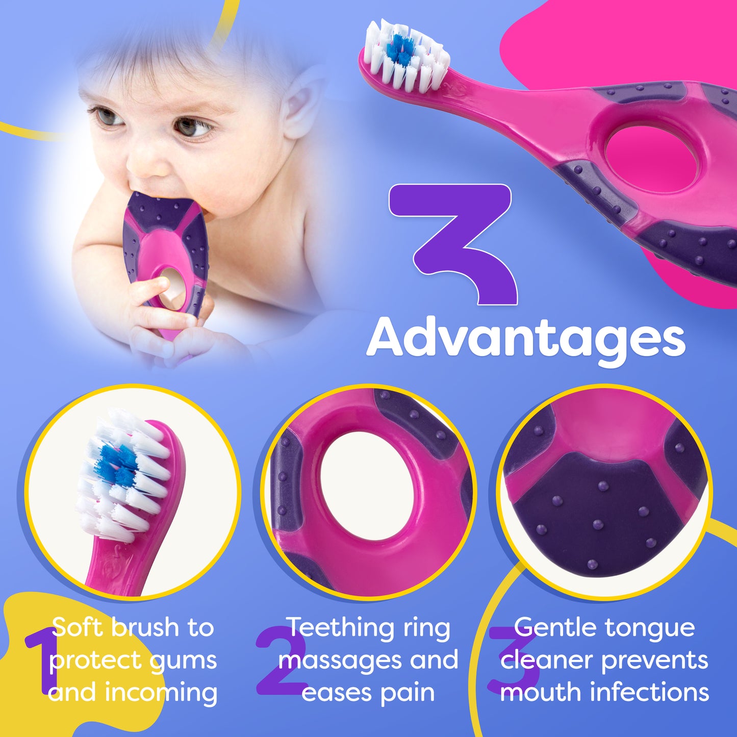 Trueocity Baby Toothbrush 4 Pack & Bonus Silicone Finger Brush, Soft Bristles, Toddler Toothbrushes, Infant & Training w/ Teething Handle, 0-2 Years, Pink Set