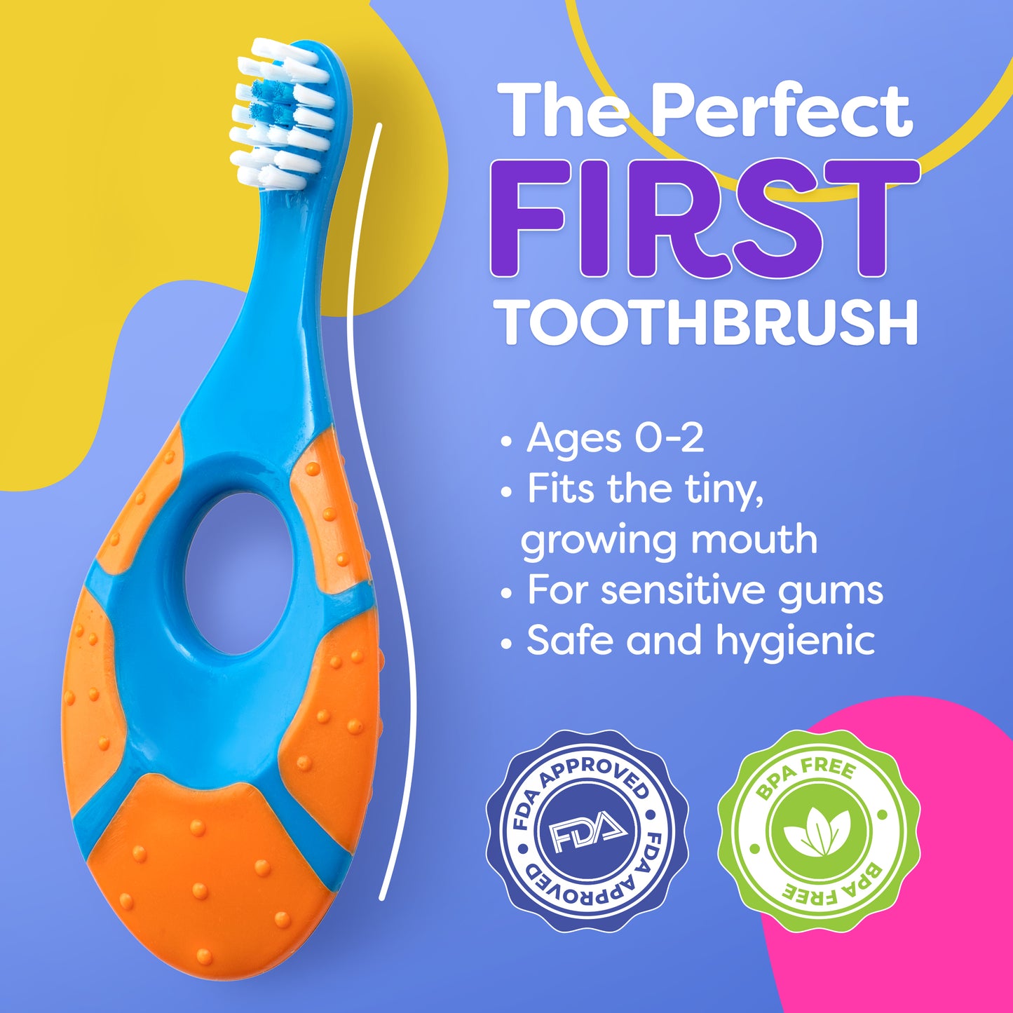 Trueocity Baby Toddler Toothbrush 4 Pack, Soft Bristles, Teething Finger Handle Toothbrushes for 0-2 Years - Training First Set (Blue, Green, Orange) - BPA Free