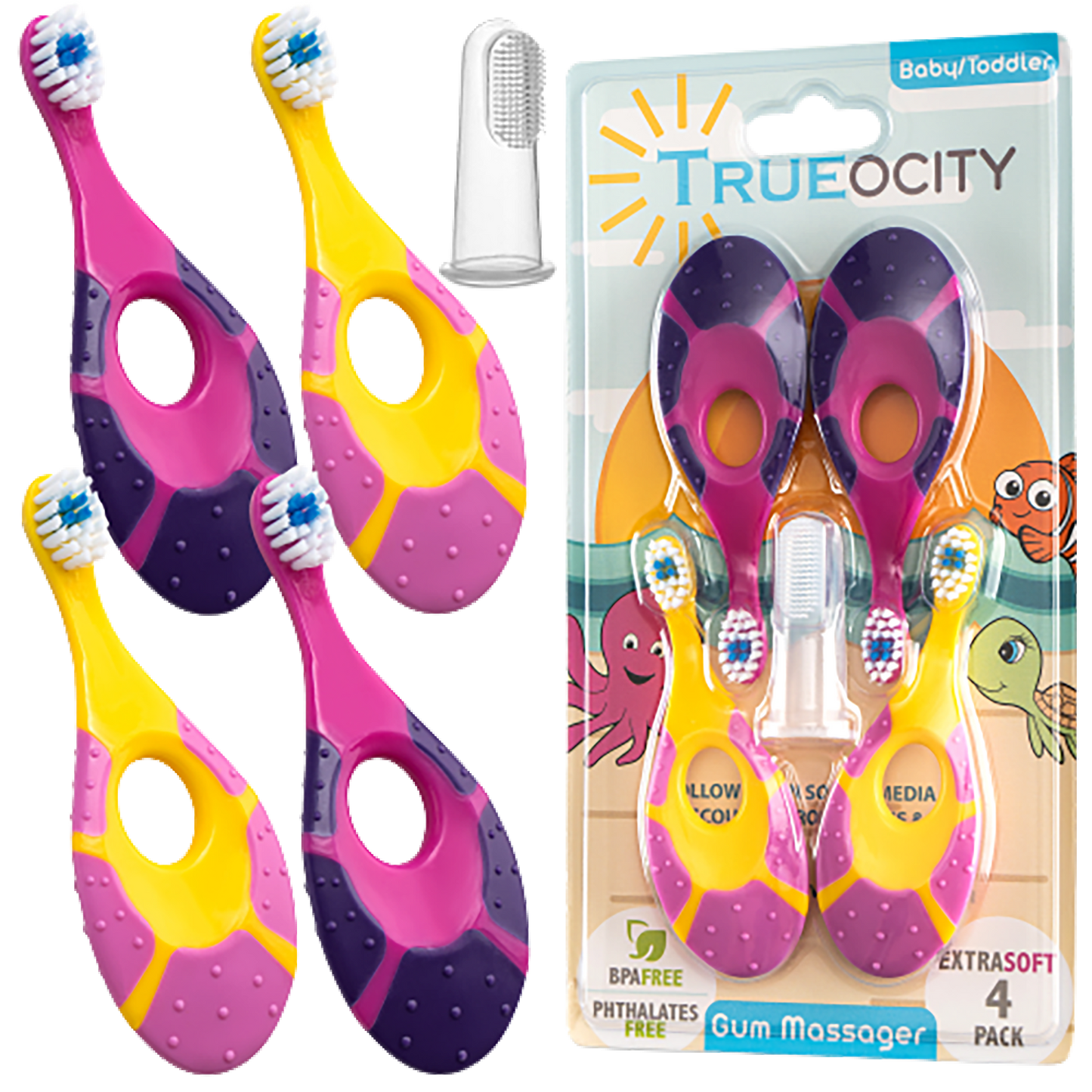 Trueocity Baby Toothbrush 4 Pack & Bonus Silicone Finger Brush, Soft Bristles, Toddler Toothbrushes, Infant & Training w/ Teething Handle, 0-2 Years, Pink Set